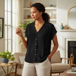 Orvis Black Button-Down Short Sleeve V-Neck Blouse M/M Lightweight Rayon